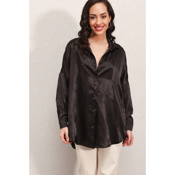 3985 Oversize Saten Gömlek  Siyah