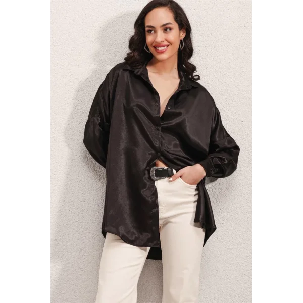 3985 Oversize Saten Gömlek  Siyah