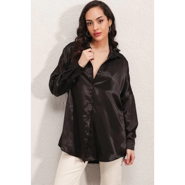 3985 Oversize Saten Gömlek  Siyah