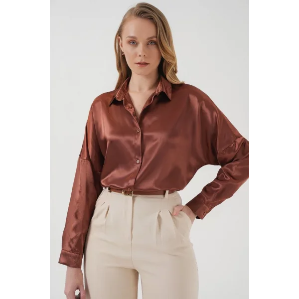 3985 Oversize Saten Gömlek  Taba