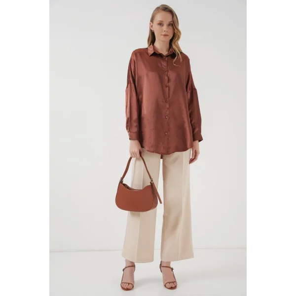 3985 Oversize Saten Gömlek  Taba