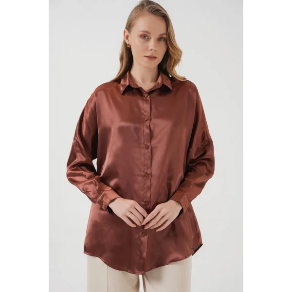 3985 Oversize Saten Gömlek  Taba