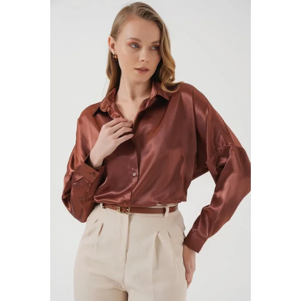 3985 Oversize Saten Gömlek  Taba