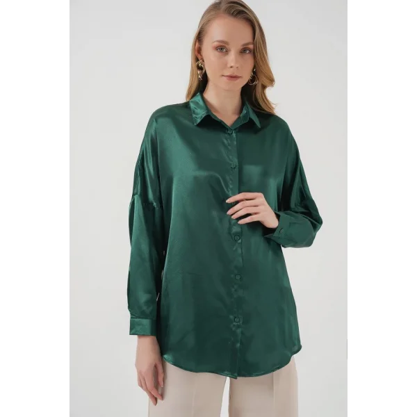 3985 Oversize Saten Gömlek  Zümrüt Yeşili