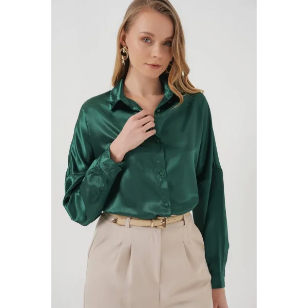 3985 Oversize Saten Gömlek  Zümrüt Yeşili