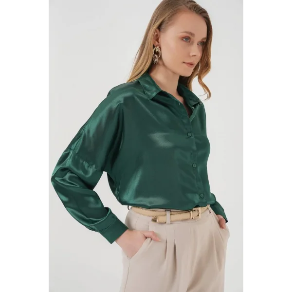 3985 Oversize Saten Gömlek  Zümrüt Yeşili