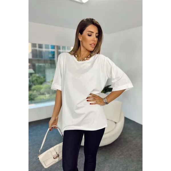 4123 Yırtmaçlı Oversize Tişört  Beyaz