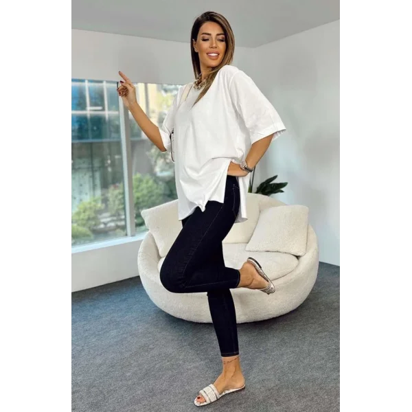4123 Yırtmaçlı Oversize Tişört  Beyaz