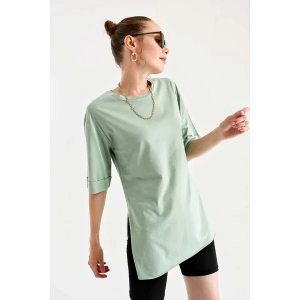 4123 Yırtmaçlı Oversize Tişört  Çağla