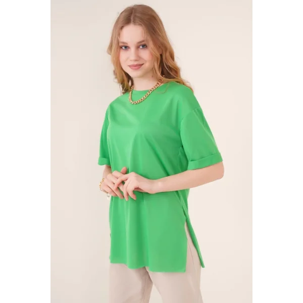 4123 Yırtmaçlı Oversize Tişört  Yeşil