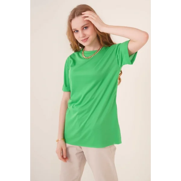 4123 Yırtmaçlı Oversize Tişört  Yeşil