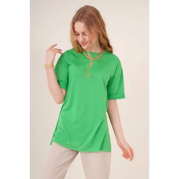 4123 Yırtmaçlı Oversize Tişört  Yeşil