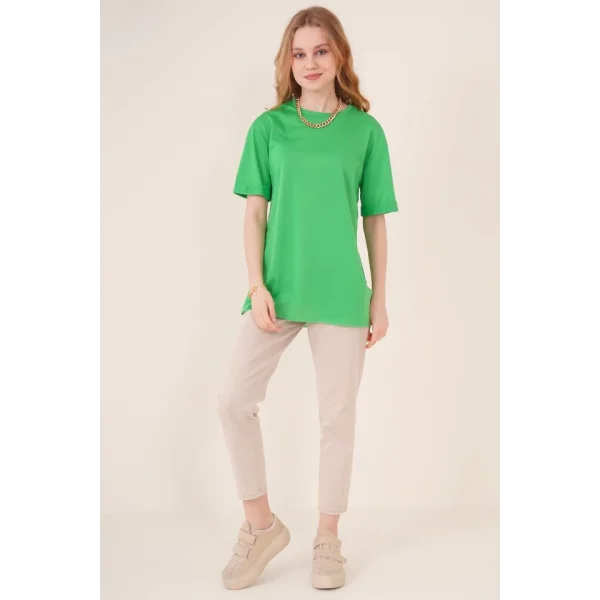 4123 Yırtmaçlı Oversize Tişört  Yeşil
