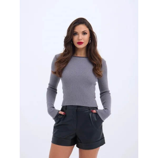 4204 TRİKO BASİC YAKA ÇİZGİLİ KAZAK-GRİ-SİYAH