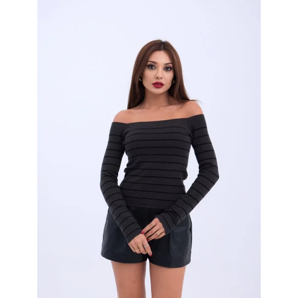 4206 TRİKO ÇİZGİLİ KAYIK YAKA CROP-ANTRASİT-SİYAH