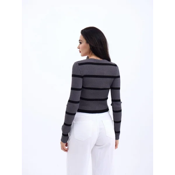 42221 TRİKO ÇİZGİLİ FİTİLLİ CROP-ANTRASİT-SİYAH