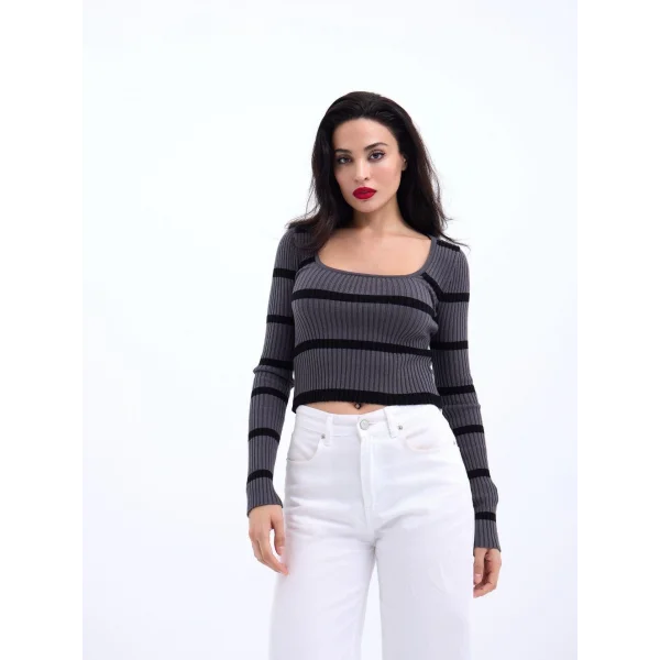 42221 TRİKO ÇİZGİLİ FİTİLLİ CROP-ANTRASİT-SİYAH