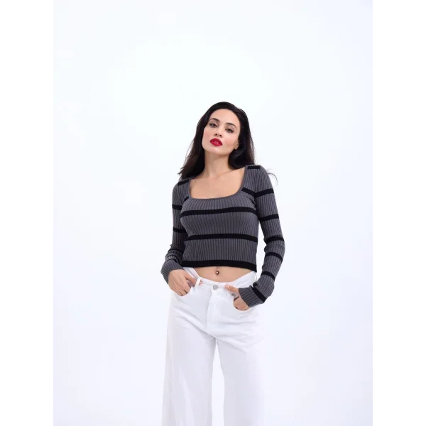 42221 TRİKO ÇİZGİLİ FİTİLLİ CROP-ANTRASİT-SİYAH