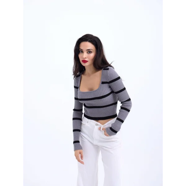 42221 TRİKO ÇİZGİLİ FİTİLLİ CROP-GRİ-SİYAH