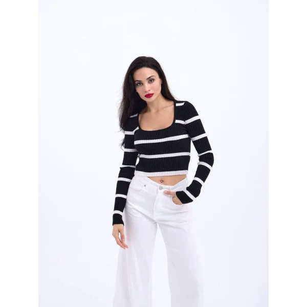 42221 TRİKO ÇİZGİLİ FİTİLLİ CROP-SİYAH-EKRU