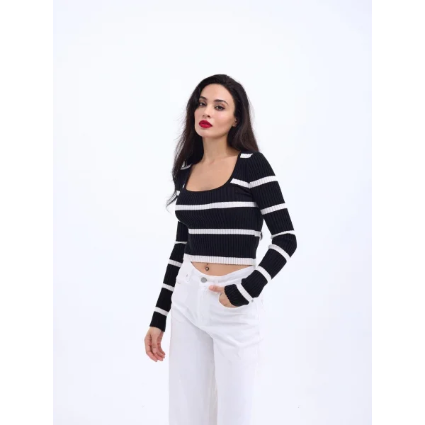 42221 TRİKO ÇİZGİLİ FİTİLLİ CROP-SİYAH-EKRU