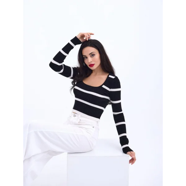 42221 TRİKO ÇİZGİLİ FİTİLLİ CROP-SİYAH-EKRU