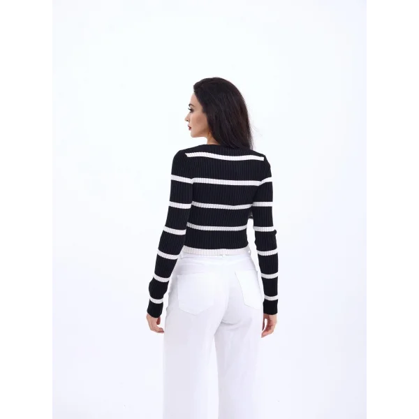 42221 TRİKO ÇİZGİLİ FİTİLLİ CROP-SİYAH-EKRU