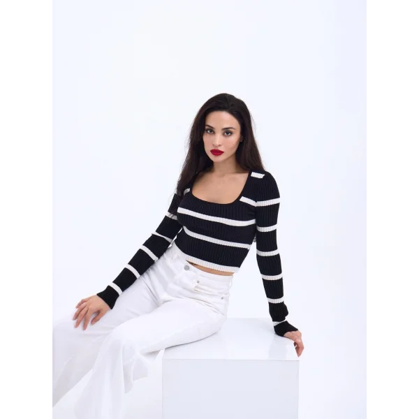 42221 TRİKO ÇİZGİLİ FİTİLLİ CROP-SİYAH-EKRU