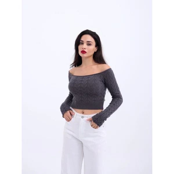 42241 TRİKO KAYIK YAKA CROP-ANTRASİT