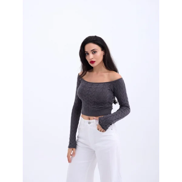 42241 TRİKO KAYIK YAKA CROP-ANTRASİT