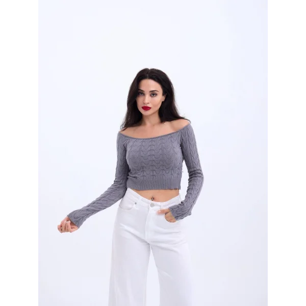 42241 TRİKO KAYIK YAKA CROP-GRİ