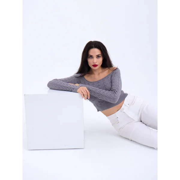 42241 TRİKO KAYIK YAKA CROP-GRİ