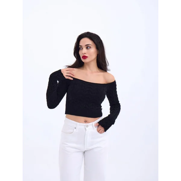 42241 TRİKO KAYIK YAKA CROP-SİYAH