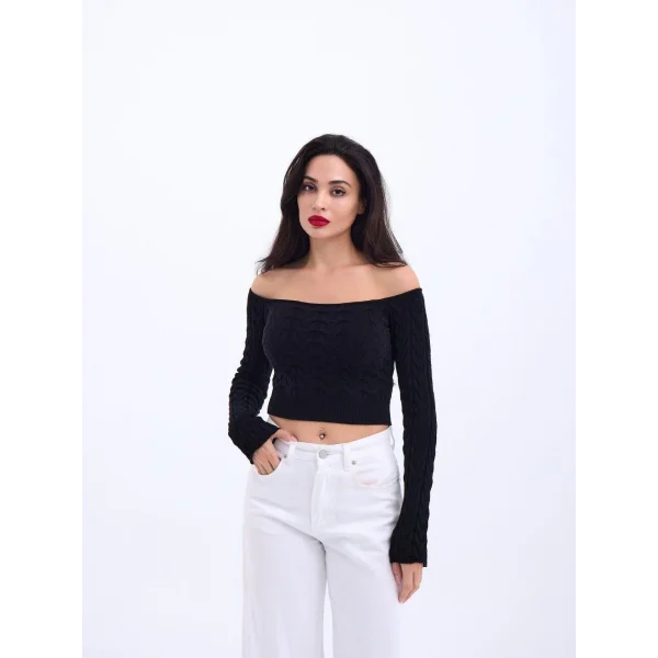 42241 TRİKO KAYIK YAKA CROP-SİYAH