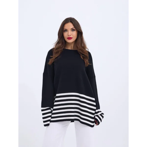 42381 TRİKO ÇİZGİLİ KAZAK-SİYAH-EKRU
