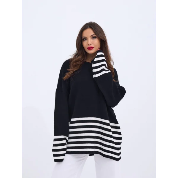 42381 TRİKO ÇİZGİLİ KAZAK-SİYAH-EKRU