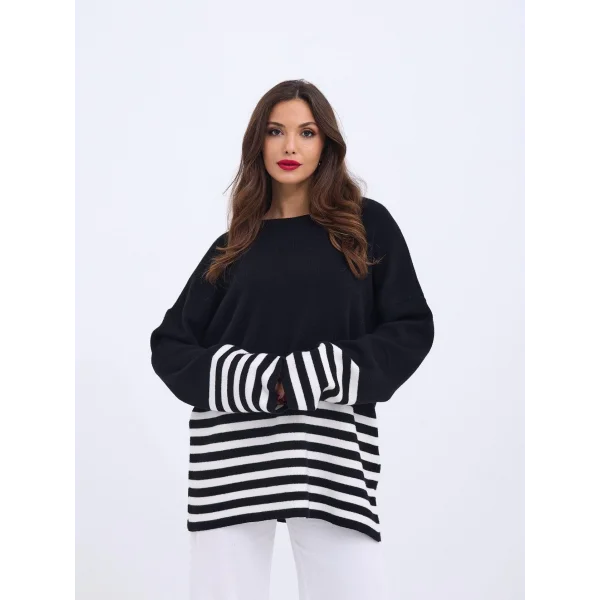 42381 TRİKO ÇİZGİLİ KAZAK-SİYAH-EKRU