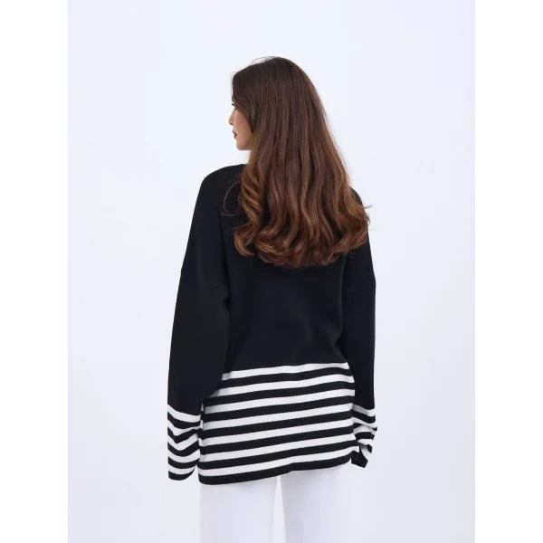 42381 TRİKO ÇİZGİLİ KAZAK-SİYAH-EKRU