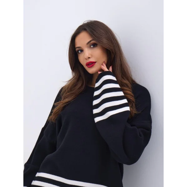 42381 TRİKO ÇİZGİLİ KAZAK-SİYAH-EKRU