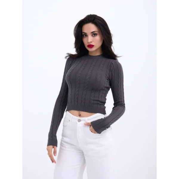 42491 TRİKO SAÇ ÖRGÜ CROP KAZAK-ANTRASİT