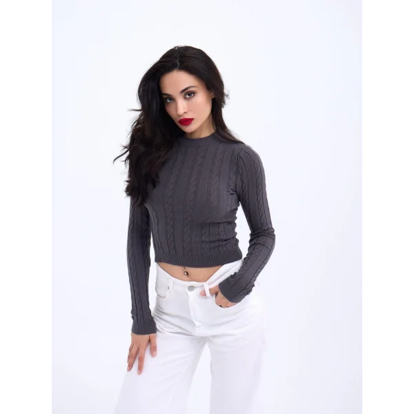 42491 TRİKO SAÇ ÖRGÜ CROP KAZAK-ANTRASİT