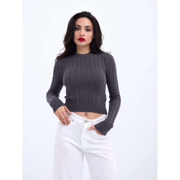 42491 TRİKO SAÇ ÖRGÜ CROP KAZAK-ANTRASİT