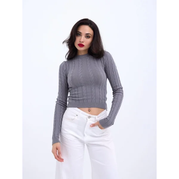 42491 TRİKO SAÇ ÖRGÜ CROP KAZAK-GRİ