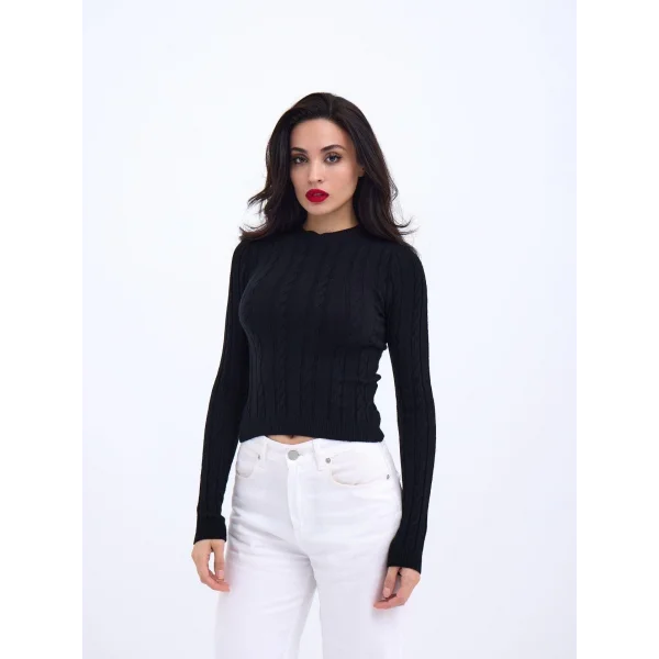 42491 TRİKO SAÇ ÖRGÜ CROP KAZAK-SİYAH