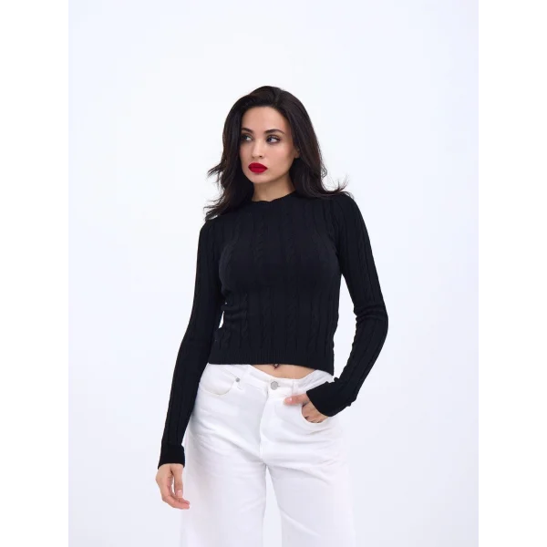 42491 TRİKO SAÇ ÖRGÜ CROP KAZAK-SİYAH