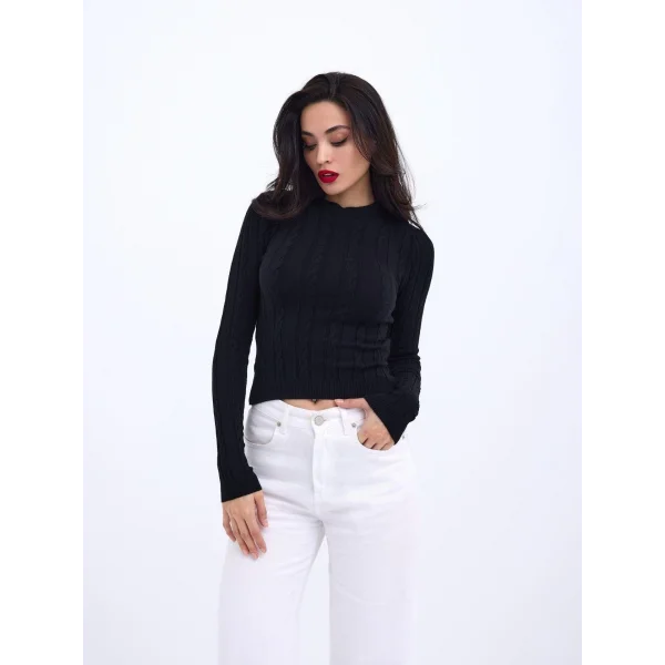 42491 TRİKO SAÇ ÖRGÜ CROP KAZAK-SİYAH