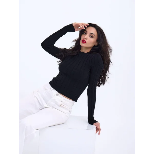 42491 TRİKO SAÇ ÖRGÜ CROP KAZAK-SİYAH