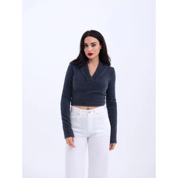 42531 TRİKO SİMLİ YAKALI CROP-ANTRASİT