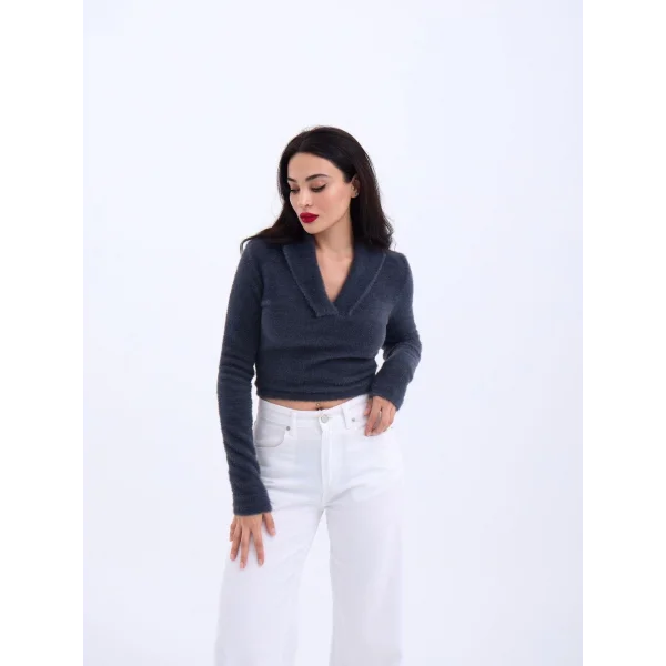 42531 TRİKO SİMLİ YAKALI CROP-ANTRASİT