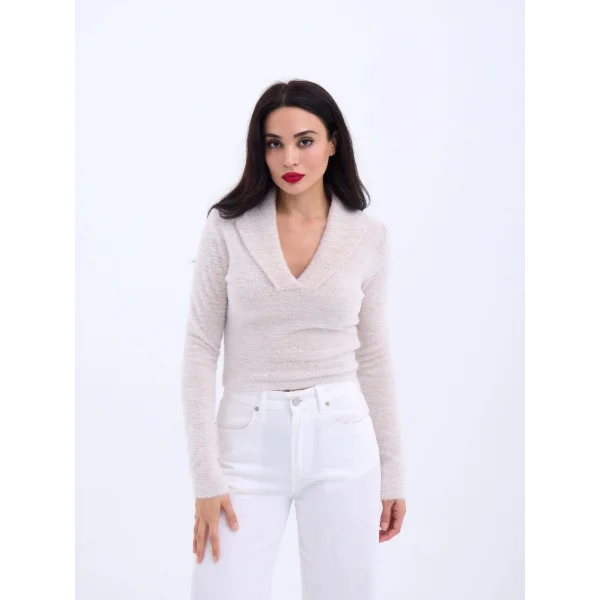 42531 TRİKO SİMLİ YAKALI CROP-EKRU